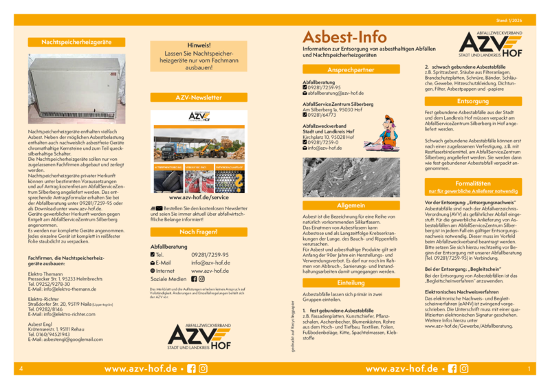 Asbestinfo zum Download (+ Info Entsorgung von Nachtspeicheröfen)