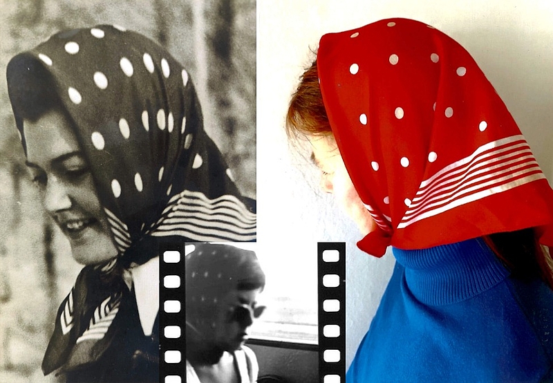 Cornelie Meinhof: "Ein Meichele: So haben meine Großeltern und Eltern dieses Kopftuch genannt. Das Foto links ist meine Mutter in den 30er Jahren, das kleine Foto (mitte) bin ich in den 60er Jahren und das Foto rechts ist von letzter Woche."