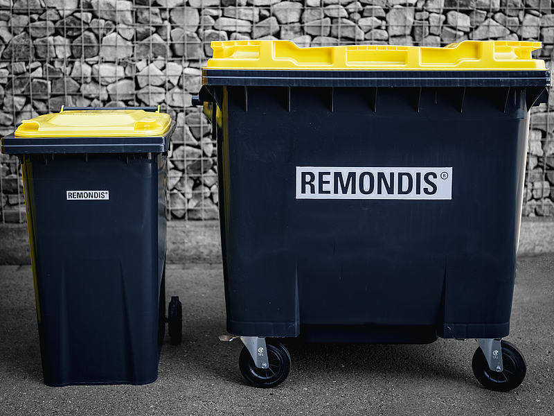 Gelbe Tonne, links: 240 Liter, rechts: 1100 Liter