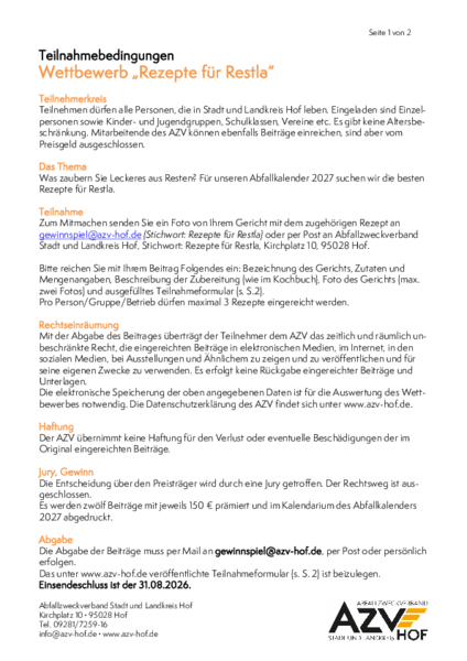 Teilnahmebedingungen für den Wettbewerb "Rezepte für Restla" 2026