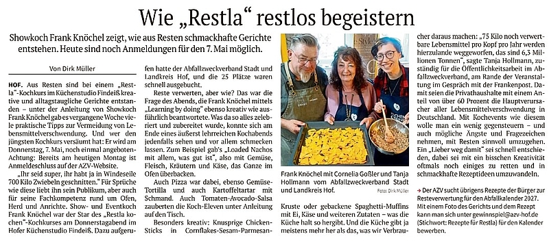 Artikel in der Frankenpost zum Restla Kochkurs